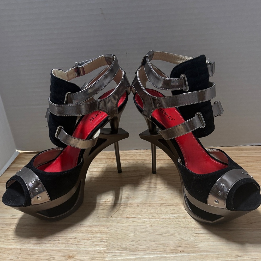 Bumper Black Suede & Silver Metallic Strappy High Heel Sandals with Red Insoles - Picture 4 of 10